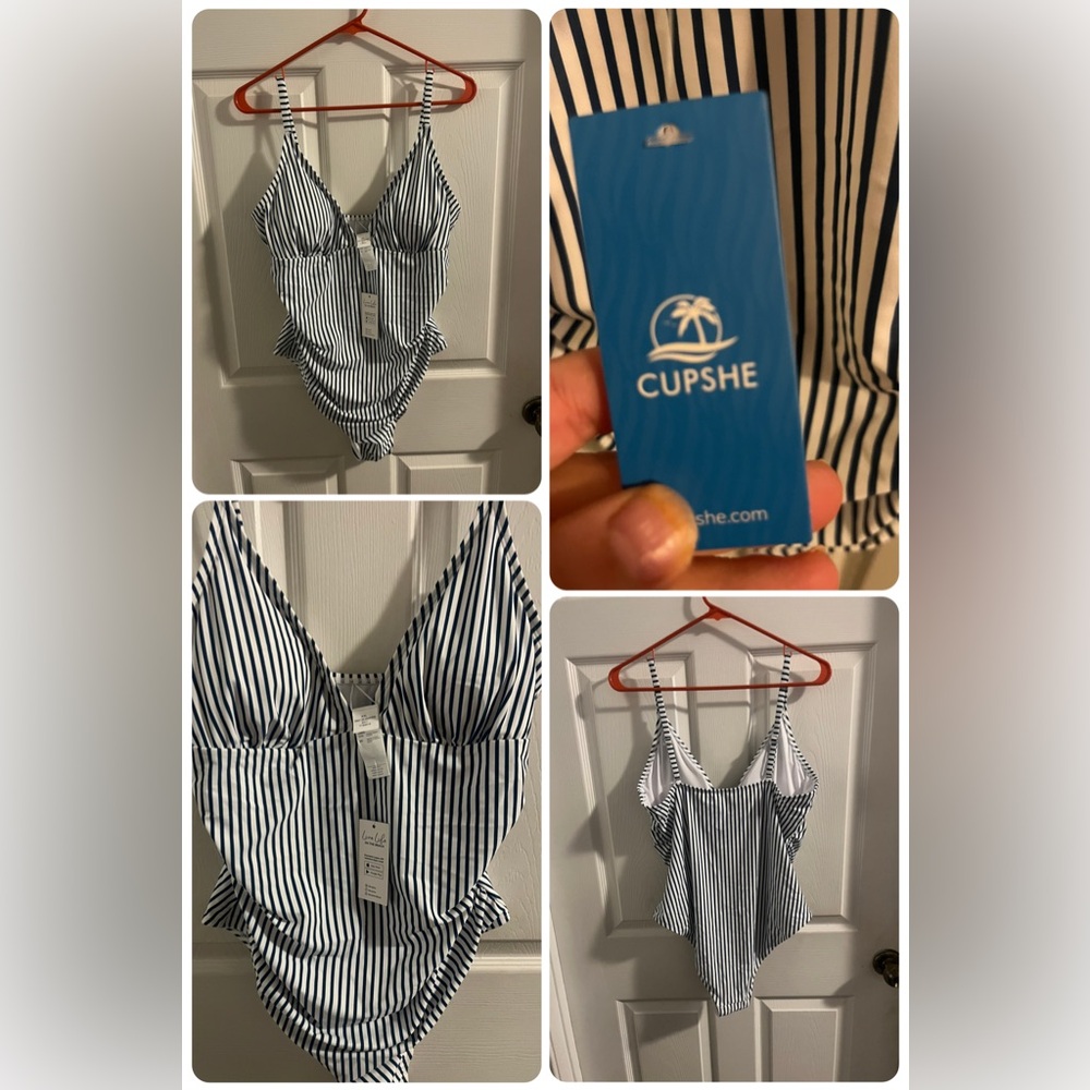 Plus cupshee boho  Striped One Piece Swimsuit - Navy and White NWT